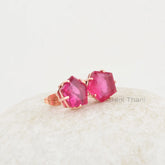 Pink Tourmaline Studs Earrings - Solid Silver - Gold Plated Stud - 11x11mm Prong Set Hexagon - Gift For Bridesmaid - Jewelry For A Mom